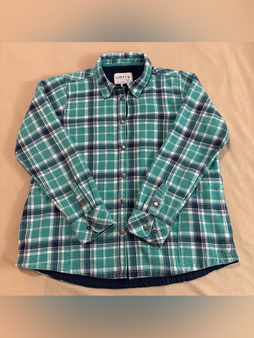 Orvis Teal and Navy Plaid Snap-Front Women's shacket with pockets